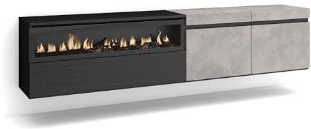 Skraut Home | TV-Schrank, Lowboard | für Wohnzimmer und Esszimmer | 200x45x35cm | Für TV-Geräte bis zu 80 | Elektrokamin. Maße | Hängend | Moderner Stil | Zement