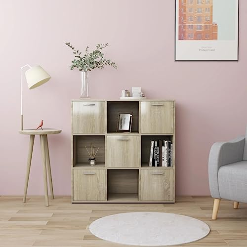 MNISDFL Vitrinenschrank Ausstellungsständer Wohnzimmerschrank Bücherregal Sonoma-Eiche 90 x 30 x 90 cm Spanplatte für Wohnzimmer Büro Schlafzimmer Bad