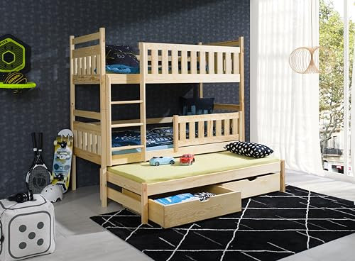 KEF ANIA Etagenbett Kinder 180x80cm - Etagenbett 3 Personen - Holz Kinderbett Ausziehbar - Etagenbett für DREI Kinder - Bett mit Ausziehbaren Schubladen und Matress - Kiefer - Leiter Links