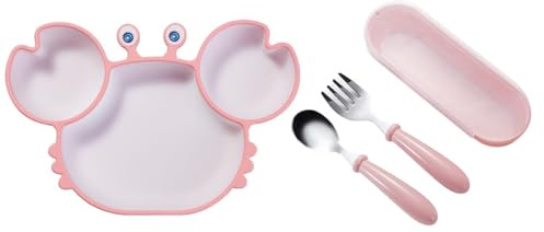 Babyteller Kinderteller mit Saugnapf, Silikon Rutschfester Baby Tischset mit Edelstahl Löffel Gabel, Baby Essen Geschirr Set, BPA Frei, Kinder Tischset Abwaschbar für Spülmaschine, Mikrowelle (Stil10)