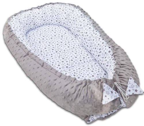 Leanbe Babynest 90x50 cm – Baby Nest - Nestchen für Neugeborene aus Baumwolle & Polyester – Kuschelnest, ideal für Herbst & Winter – Babybett für Indoor & Outdoor (Grau & Sterne)
