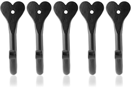 Fayesia Schwarze Kleiderhaken – Schmiedeeisen handgefertigt – Set mit 5 herzförmigen Wandhaken mit Schrauben und Beschlägen – Einzelzackenhaken für Mäntel, Handtücher, Taschen, Hüte und mehr