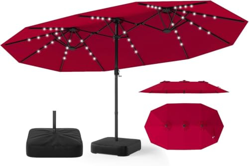 RELAX4LIFE Doppelsonnenschirm mit Ständer & LED-Solar-Beleuchtung, 450 x 260 cm, extra großer Sonnenschirm, UPF 50+, Gartenschirm mit Kurbel, Marktschirm Sonnenschutz für Garten & Terrasse (Weinrot)