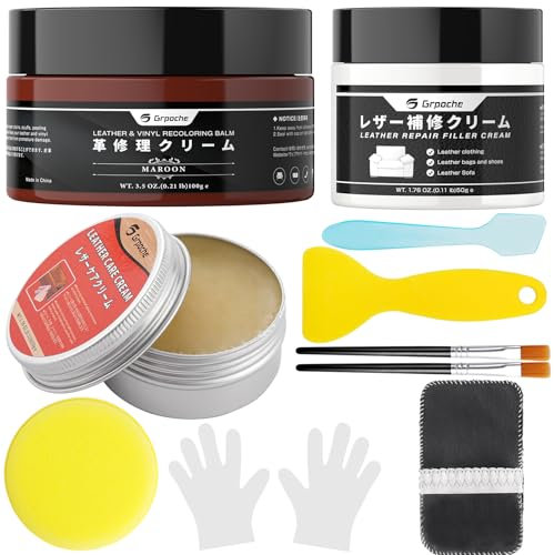 Grpoche Leder Reparatur Set Rotbraun mit Lederfett & Lederreparaturcreme, für Ledersofas, Autositze, Schuhe Für Reparatur Lederfarbe Auf Verblassten und Zerkratzten Ledersofas