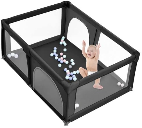 MUL-BOUTIQUE Laufgitter für Babys, 180 x 120 cm, modular, faltbar, großer Laufstall für Kleinkinder mit Reißverschlusstür, bringen Sie 50 Meereskugeln (Schwarz)