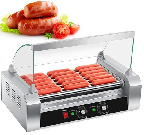 Machine à saucisses for hot-dogs commerciale, cuiseur à hot-dogs électrique avec couvercle, chauffe-saucisses antiadhésif en acier inoxydable à 7 rouleaux, double contrôle de température, for cuisine