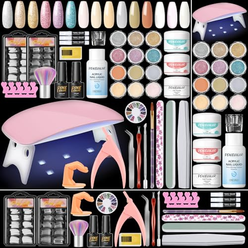 PEACECOLOR Acrylic Nail Kit With 15 Colors Powder, Lamp, Base Top Coat - Full Set for Beginners, Gift for Women