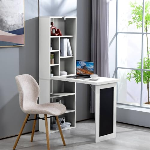 WestWood Foldable Computer Desk, Wall Mounted Work Table, Floating Desk with Blackboard and Bookshelf, Adjustable Shelves 9 Open Compartments Office Desk Storage Shelf (White)