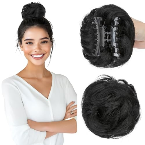 Silk-co Hårstycken äkta hår med klämma, 42 g hårt hårstycke lockigt hårsnodd med hår, hårsmycke damer Messy Bun hårdel, #01 ravensvart