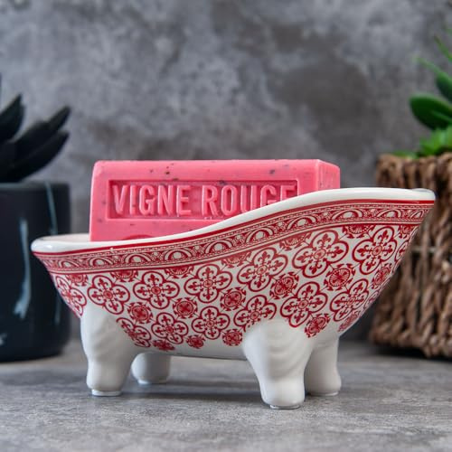 Label Provence Nature Savon de Marseille Soap Dish - French Vintage Style Ceramic Clawfoot Bathtub - Self Draining - Perfect for Bathroom Kitchen or Home Decor - Red Flower Tile -14.5 x 7 x 6.5cm