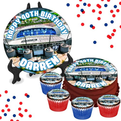 Etihad Man City Stadium 'A' PERSONALISED Edible Cupcake Toppers / 8 Inch Cake Wafer or Icing - Sports Football Fan Birthday Party Cake Decorations - Perfect for Brownies, Cookies, Muffins & More!