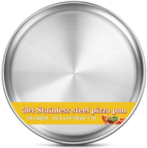 Yuiicaov Sartén para pizza de acero inoxidable de 14 pulgadas, bandeja de pizza para horno, bandeja de pizza de acero, plato redondo grueso para pizza, bandeja para hornear pizza, fácil de limpiar y
