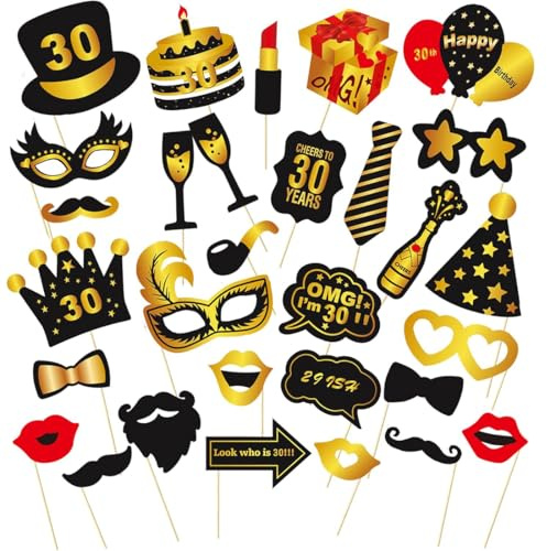 ZILZUFA 30 Stück Fotobox Accessoires für 30. Geburtstag, Schwarze Goldene 30 Geburtstag Deko, Fotobox Requisiten für Geburtstagsfeier, Party Deko, Tischdeko, Zubehör, Geburtstag