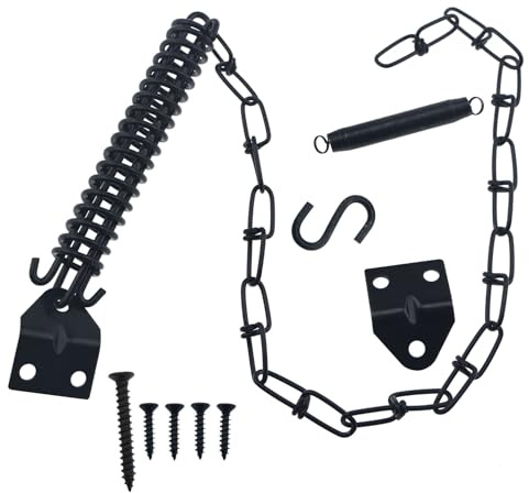 QAZXCDEW-Screen Door Chain and Spring Storm Door Wind Chain Door Chain Stopper Prevents Slamming Open or Close（Black）-1Set