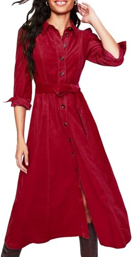 YEXPINE Damen Cord Maxikleid Langarm Cord Button Down Shirt Flowy Langes Kleid mit Gürtel, Rot/Ausflug, einfarbig (Getaway Solids), Mittel