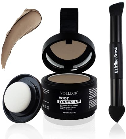 VOLLUCK Root Touch up Cream to Powder Formula – Strong Coverage for Thinning Hair & Grey Hair Cover up – Dual-End Brush & Sponge Applicator – Upgrade Hairline Powder for Men & Women (Light Brown)