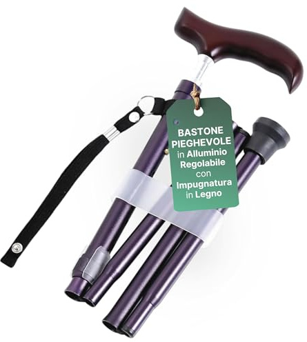 REMEDIA ONE - Bastone per Anziani Pieghevole in Alluminio Anodizzato con Impugnatura in Legno, Bastone da Passeggio Regolabile H. 83-93 cm - Nero