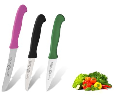 EIKASO Solingen Germany Küchenmesser Set 3-teilig – Obst- & Gemüsemesser rostfrei aus Molybdänstahl 1.4116 mit ergonomischen Griffen, bunte Frühstücksmesser