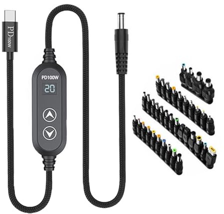 Fuente de alimentación tipo C a CC de 5,5 mm, capacidad de 100 W, 5 selección de potencia, 5-20 V, variable a través de gestión integrada, 38 adaptadores, voltajes, control de cable de carga