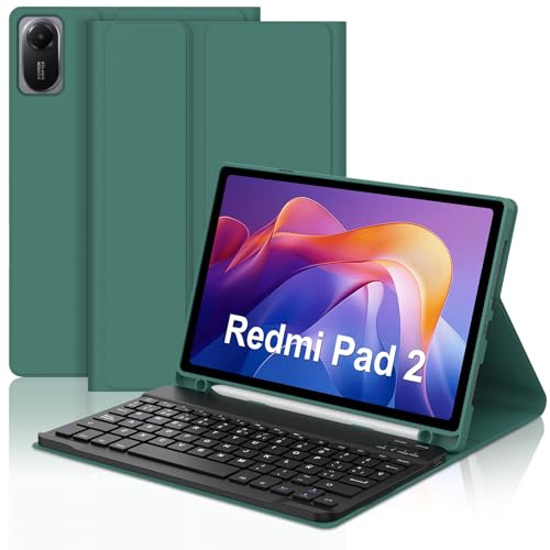JADEMALL Funda con Teclado para Redmi Pad 2 11 Pulgadas, Español Ñ Teclado Bluetooth Inalámbrico Desmontable con Funda Delgada y Portalápices para Tableta Xiaomi Redmi Pad 2 11 2025, Verde Oscuro