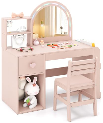 COSTWAY Coiffeuse Enfant Fille avec Chaise et Miroir Lumineux, Bureau Enfant avec Bibliothèque Ouverte & Tiroir & Compartiment & Étagères, Style Princesse, Charge 50/75kg pour 3 Ans+ (Rose)