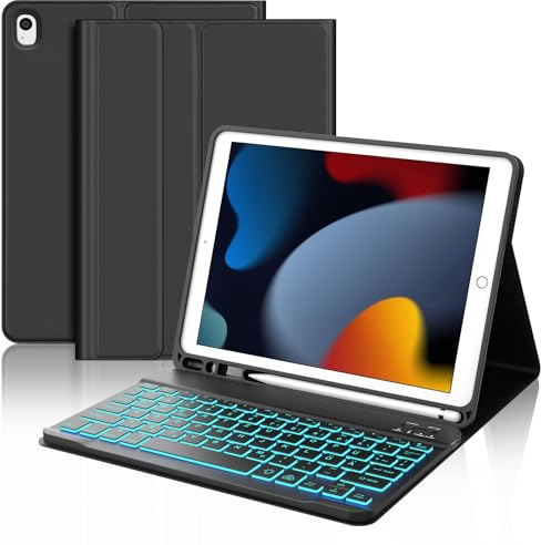 Occtingkind Funda para iPad 10,2 con teclado + iluminación de 7 colores para iPad de 10,2 pulgadas (7ª/8/9ª generación 2019-2021), funda extraíble Bluetooth, QWERTY alemán, USB-C, negro – sin trackpad