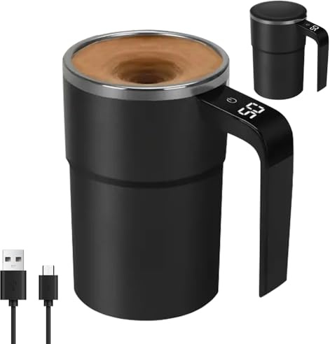 Self Stirring Mug, 2025 New Electric Milk Frother with Magnetic Stirrer, Rechargeable Self Heating Mug with Temperature Display, Portable Stirring Mugs for Coffee, Milk, Cocoa (black)
