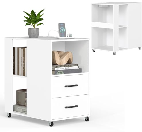 LIFEZEAL Druckertisch mit Ladestation, Aktenschrank Druckerständer mit Rollen, Rollcontainer mit Fächern & Schubladen, Bürocontainer Beistelltisch für Zuhause und Büro, 60 x 40 x 65,5 cm (Weiß)