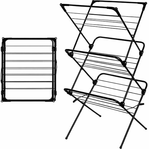 FAHD TRADERS 3 Tier Foldable Clothes Airer Black | Heavy Duty Steel Laundry Drying Rack | Indoor & Outdoor Folding Dryer | Space Saving Clothes Horse | 15m Drying Space