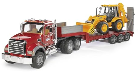bruder 02813 - MACK Granite LKW mit Tieflader & JCB 4CX Baggerlader - 1:16 Transporter Schwertransporter Truck Baustelle Baufahrzeug Schaufelbagger