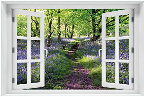 Wallario Wandbild aus Acryl, 60 x 90 cm mit Fensterrahmen, freischwebende Optik - Blaues Hasenglöckchen im Wald mit Fenster-Illusion