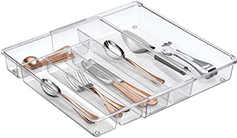 mDesign Verstellbares, erweiterbares Kunststoff-Küchenschrank-Schubladen-Tablett – zur Aufbewahrung von Besteck, Löffeln, Kochutensilien, Gadgets – 5,1 cm hoch – transparent