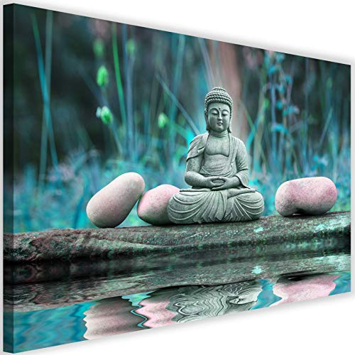 Feeby Leinwandbild XXL Buddha Wandbild Kunstdruck Natur Wasser Steine Zen blau 120x80 cm
