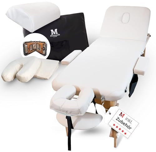 MASSUNDA Mobile Massageliege aus Vollholz – klappbarer 3-Zonen Massagetisch inkl. Zubehör – ideal für Massage, Kosmetik & Tattoo - Creme-Weiß