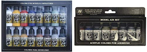 Vallejo Model Air Basic Colors Acrylic Paint Set for Air Brush - Assorted Colours (Pack of 16) &Model Air Metallic Colors Acrylic Paint Set for Air Brush - Assorted Colours (Pack of 8)