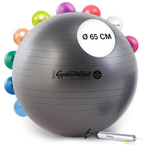 Pezzi - Gymnastikball Original Pezziball MAXAFE 65cm Ø mit Tonkey Handpumpe – Sitzball für Therapie, Sport & Büro - Universeller Trainingsball aus Flexton Silpower® belastbar bis 400 kg – Anthrazit