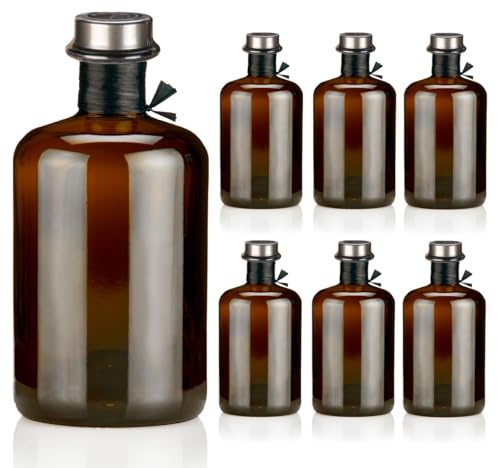 Geniess-Bar! 6 Apothekerflaschen braun 500ml leer schwarz antik Profiset Korken silber matt, Flaschenkapseln & Bast Band, Geschenk Braunglas Flaschen 0,5L für Öl, Gin, Kräuter Schnaps uvm.
