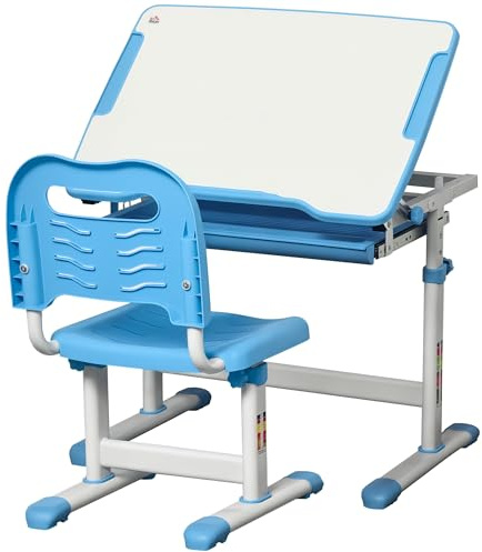 HOMCOM Pupitre Infantil 2 en 1 Altura Ajustable Niños +6 66x47x77 cm Azul