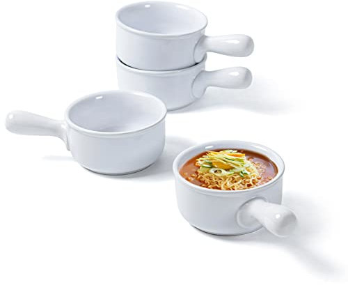 UNICASA Ciotola di Zuppa con Manico, Tazze da Consommé in Ceramica da 400 ml di 4 PCS, Ciotole in Porcellana Lavastoviglie Adatta - Bianco