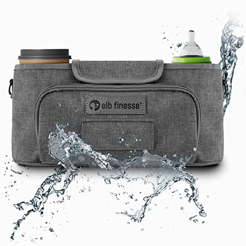 elb finesse ® Premium Kinderwagen Organizer I Wasserabweisender Buggy Organizer inkl. Schultergurt I Kinderwagen Taschen I Kinderwagen Zubehör I Getränkehalter Kinderwagen (Grau)