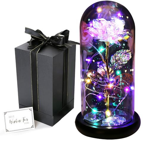 Galaxy Rose Gifts for Women, GIIFER Beauty and The Beast Rose, Rose in Glass Dome Butterfly Gifts for Mothers Day Light Up Eternal Rose for Birthday Christmas Wedding Valentine's Day (Gold)