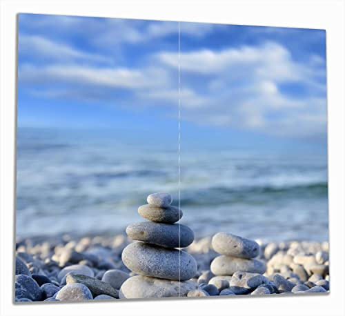 Wallario Herdabdeckplatte/Spritzschutz aus Glas, 2-teilig, 60x52cm, für Ceran- und Induktionsherde, Steinstapel am Strand