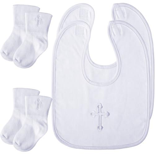 Jiuguva 4 Pcs Baptism Gifts for Boys Girls, Christening Bibs and Socks Set White Embroidered Cross Baptism Outfit for Baby(6-12month)