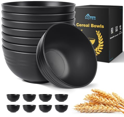 HOTEC BPA Free Unbreakable Wheat Straw Cereal Bowls - Microwave & Dishwasher Safe Soup and Salad Bowls, Set of 8, 26oz, Black