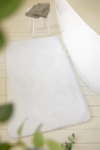 Wecon Home Basics Badteppich, Badematte, kuscheliger Flauschiger weicher Flor, rutschfest und waschbar, Joris (60 x 100 cm, weiß)