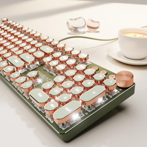 EWEADN Wired Typewriter Mechanical Keyboard, Low Noise Pink Switch Retro Punk Keyboard with Media Knob, White Backlit, Metal Panel, 104-Key Round Keycaps Cute Keyboard for Windows PC - Green
