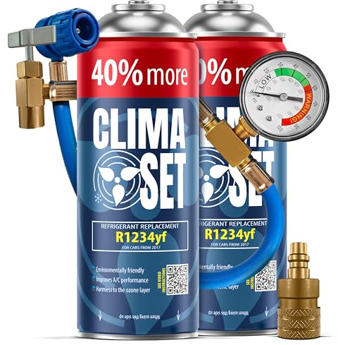 ClimaSet Recharge clim R1234yf - gaz clim r1234yf - 2x235 g avec Tuyau, Manomètre et Adaptateur HP/LP - Climatisation - Climatiseur voiture - Recharge climatisation voiture - ECO