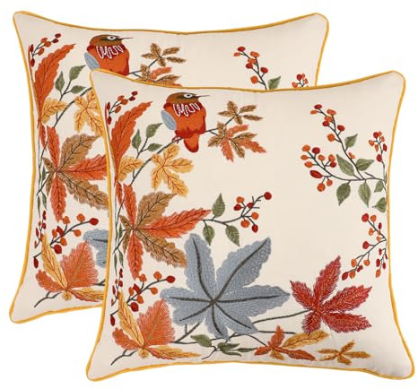 Tosleo Federe per cuscino ricamate autunnali, 40,6 x 40,6 cm, confezione da 2 federe vintage con uccelli con foglie d'acero, federe decorative estive quadrate floreali per la casa
