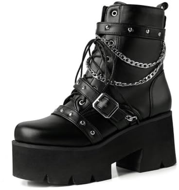 HXTYXCQ Femmes Gros Talons Hauts Cuir Punk Bottes Lacets Fermeture Éclair Latérale Plate-Forme Bottes avec Chaîne en Métal Bout Rond Boucle Bottines Gothiques