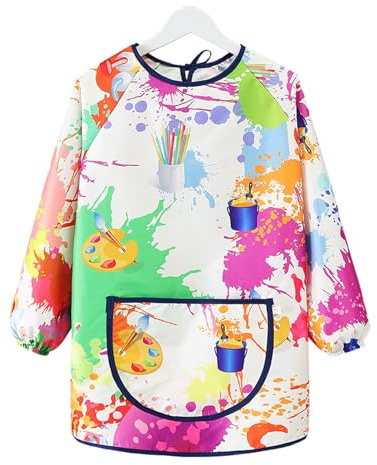 SWYSGS Babi Escolar Infantil, Delantal Niños, Delantal Infantil, Bata Escolar Pintura Impermeable Manga Larga Bolsillo Tira Espalda Guardería Colegio Escuela Casa, Niño Niña 6 7 8 9 10 11 12Años